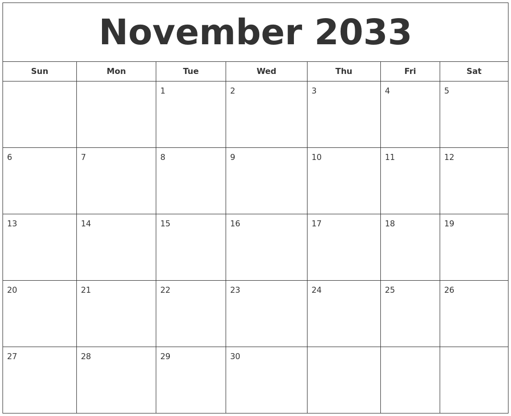 November 2033 Printable Calendar