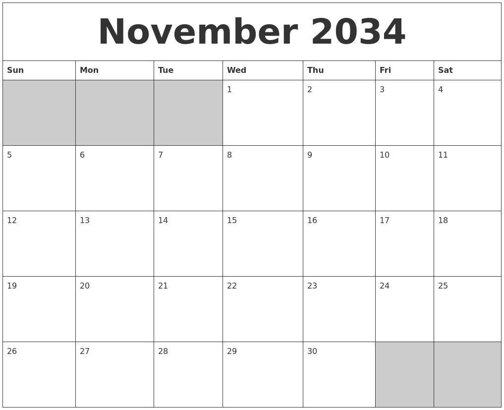 November 2034 Blank Printable Calendar
