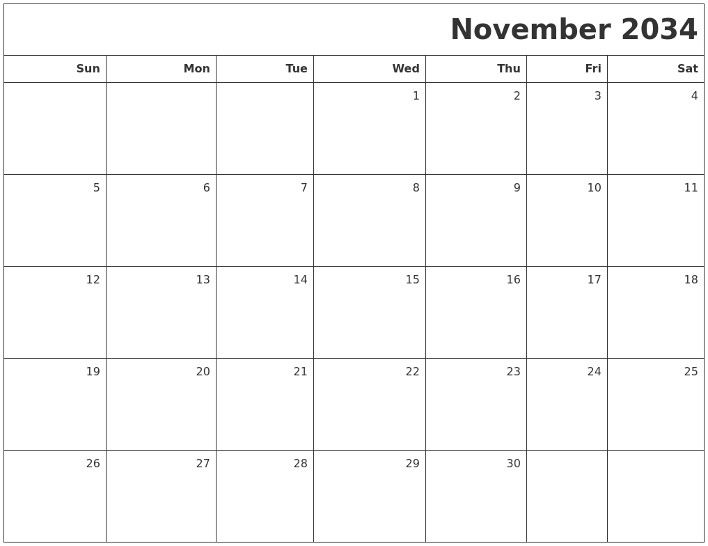 November 2034 Printable Blank Calendar