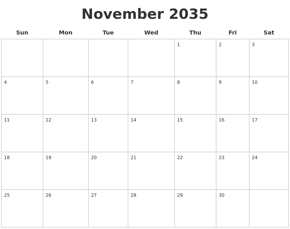 November 2035 Blank Calendar Pages