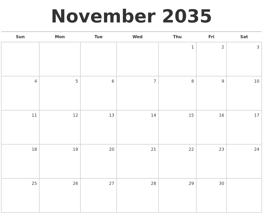 November 2035 Blank Monthly Calendar