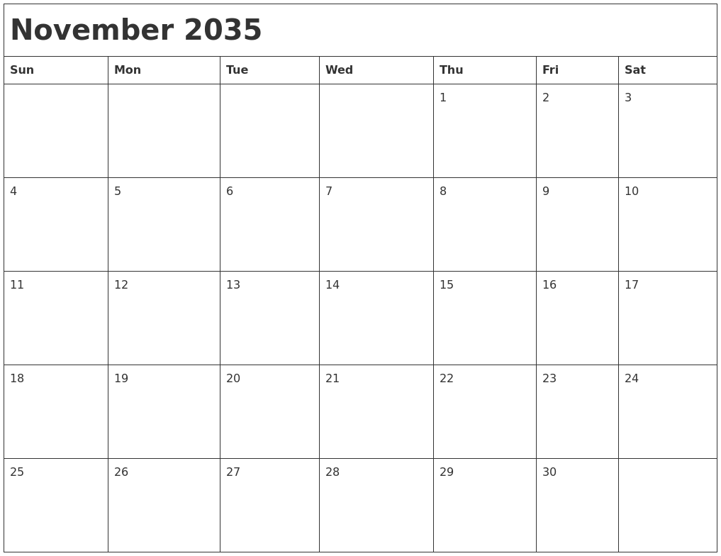 November 2035 Month Calendar
