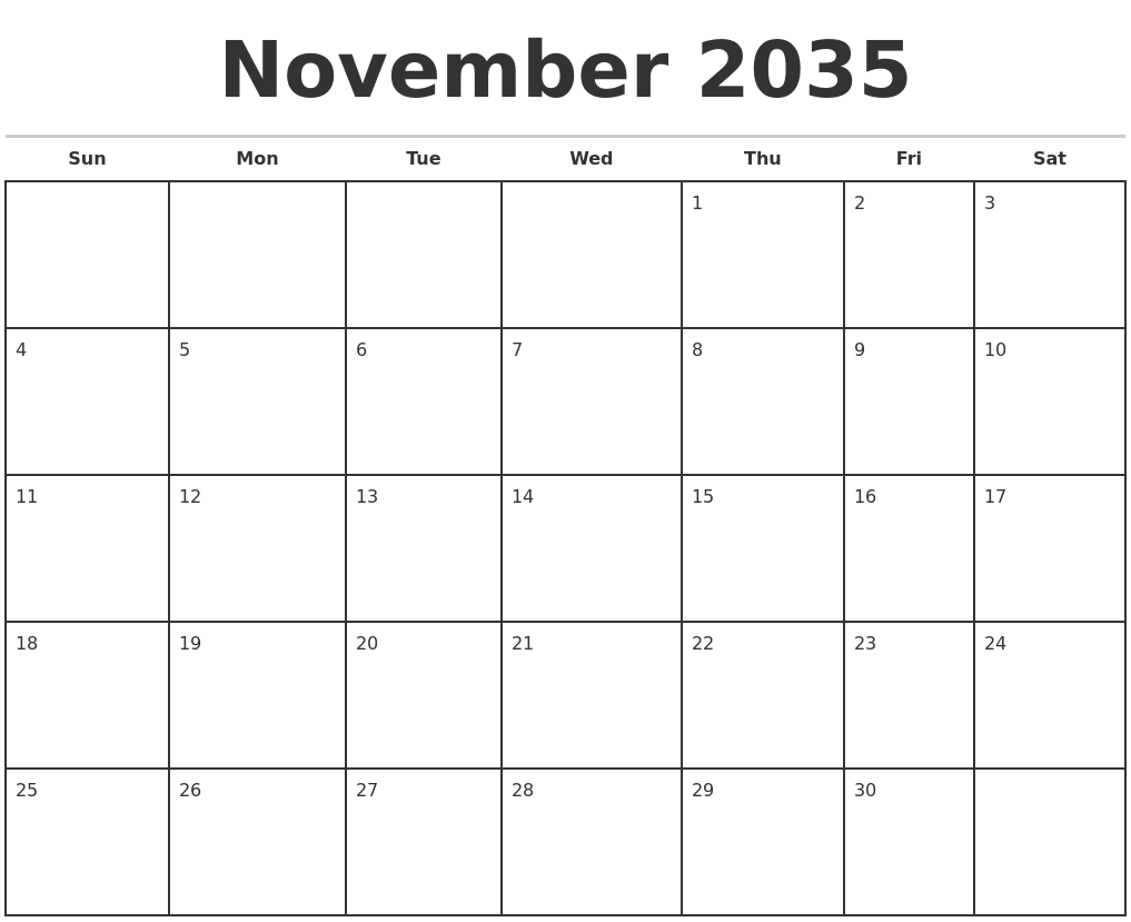 November 2035 Monthly Calendar Template