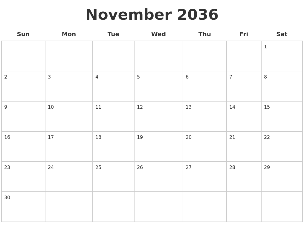 November 2036 Blank Calendar Pages