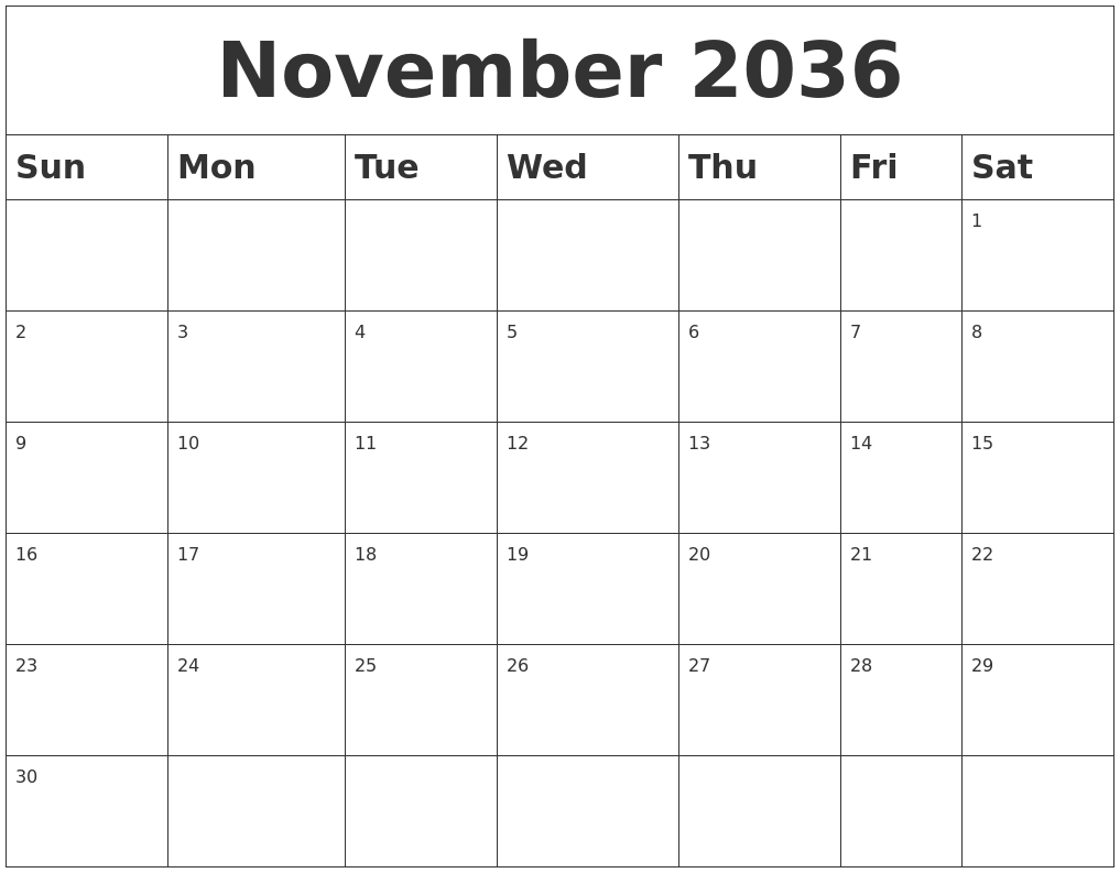 November 2036 Blank Calendar