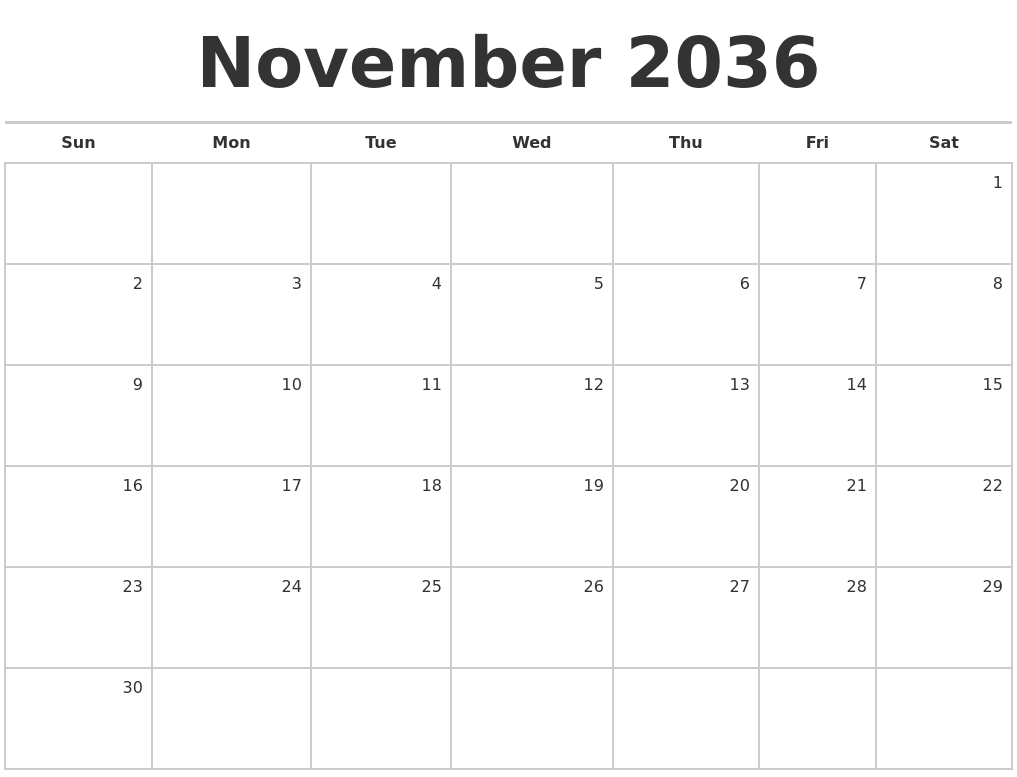 November 2036 Blank Monthly Calendar