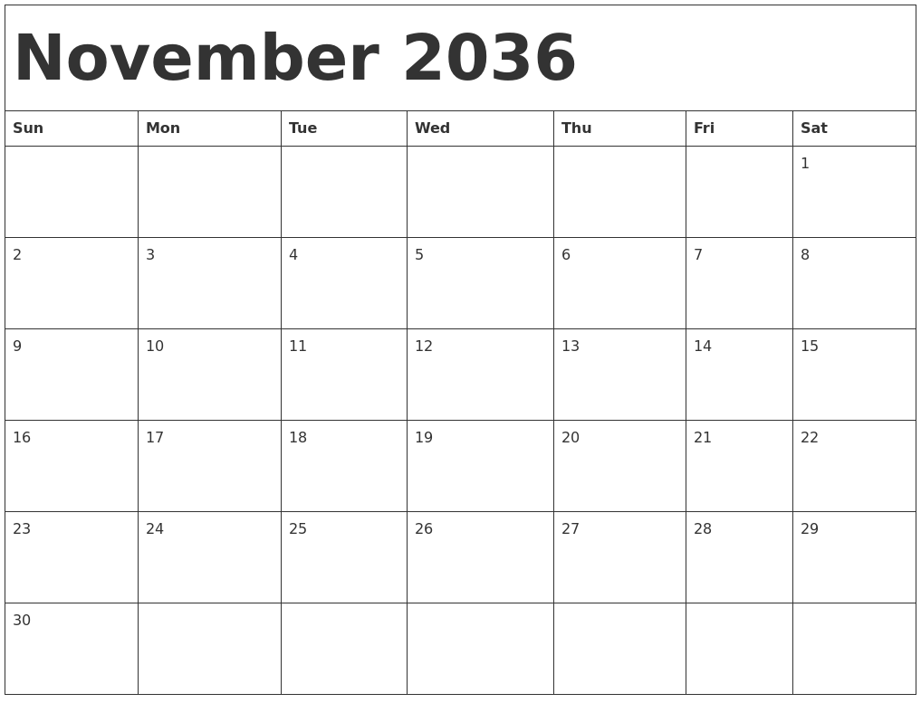 November 2036 Calendar Template
