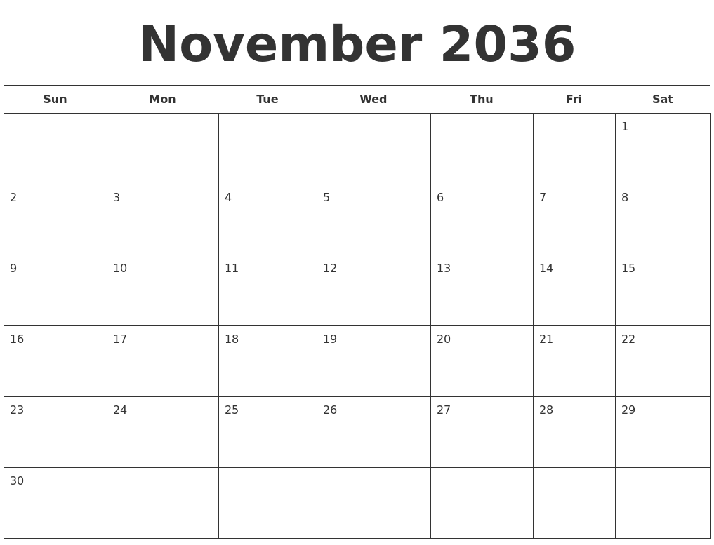 November 2036 Free Calendar Template