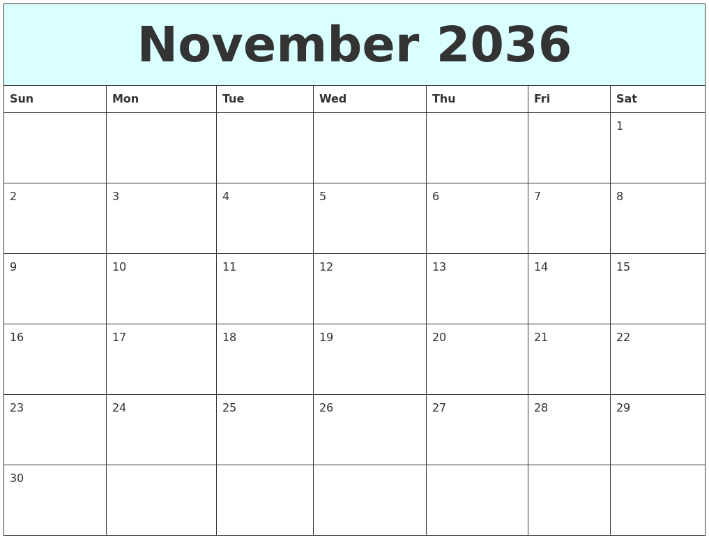 November 2036 Free Calendar