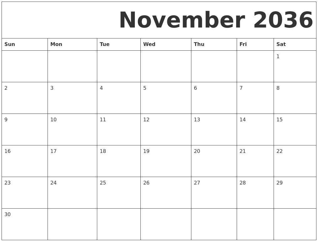 November 2036 Free Printable Calendar