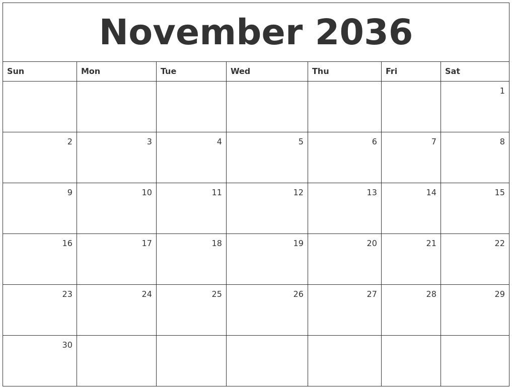 November 2036 Monthly Calendar