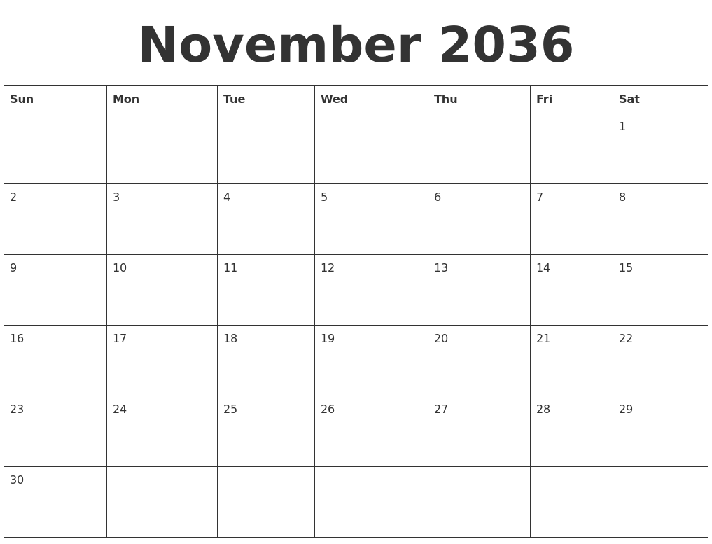 November 2036 Online Calendar Template