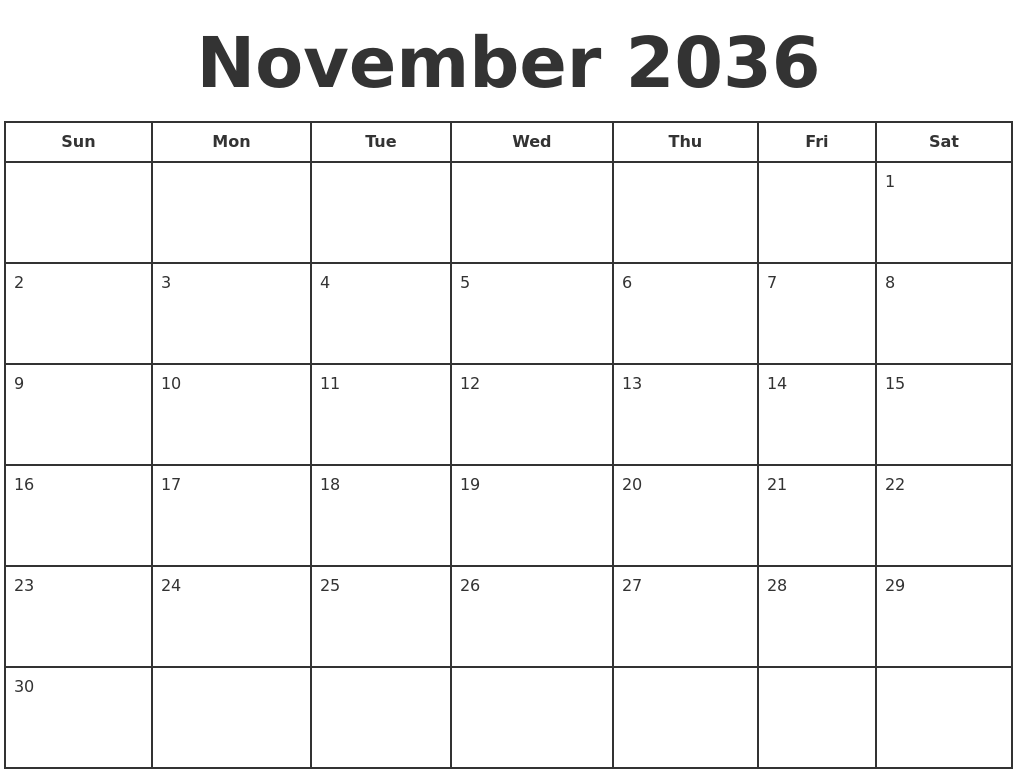 November 2036 Print A Calendar