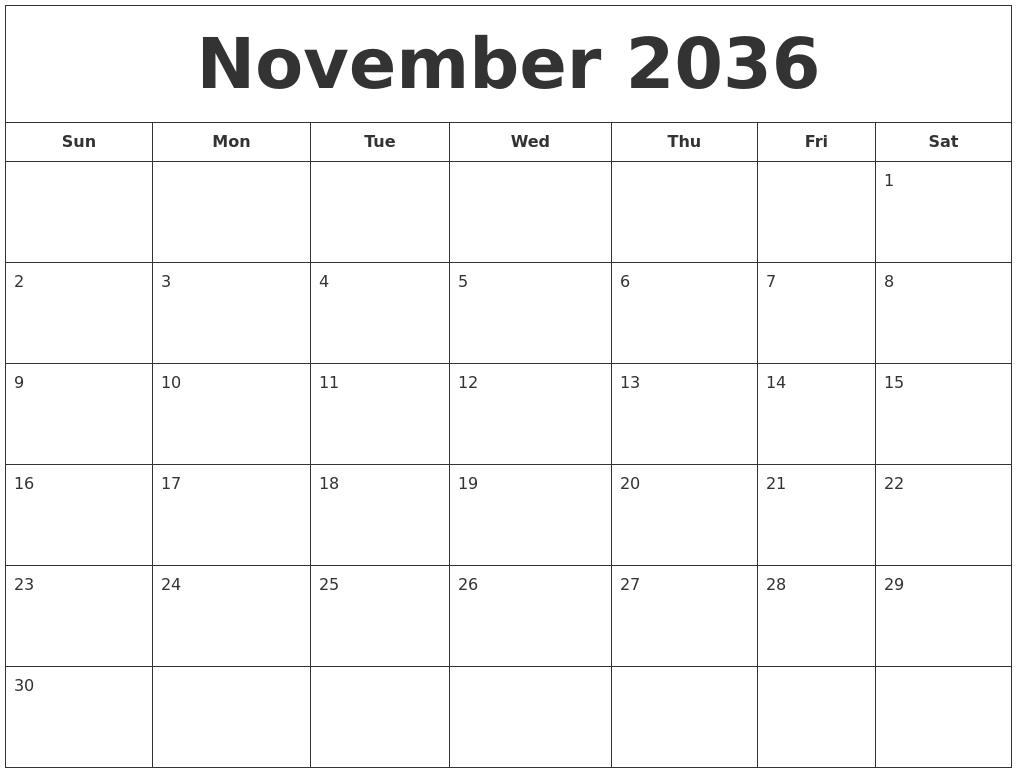 November 2036 Printable Calendar