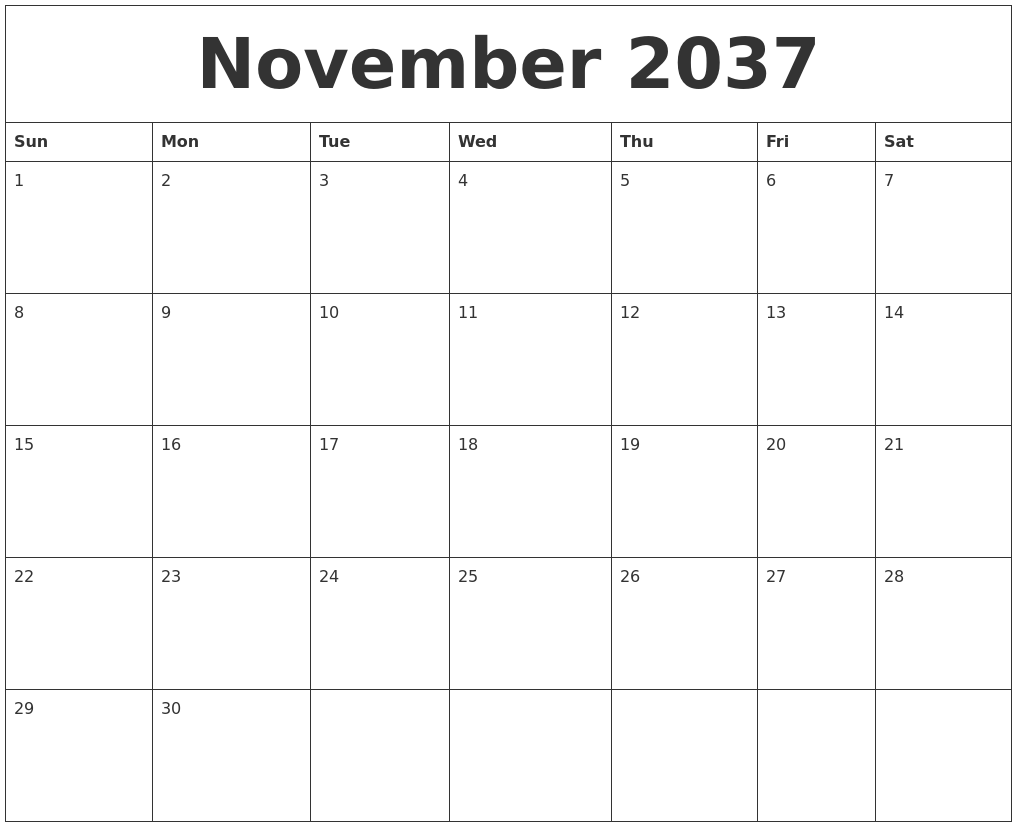 November 2037 Blank Monthly Calendar Template