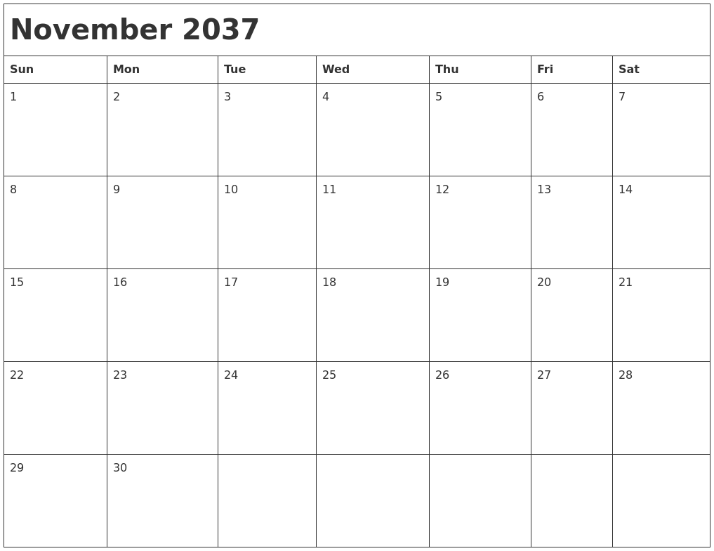 November 2037 Month Calendar