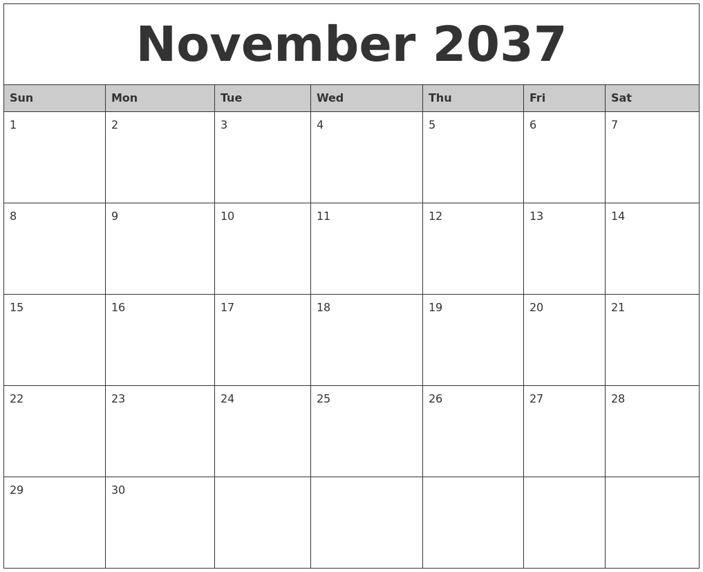 November 2037 Monthly Calendar Printable