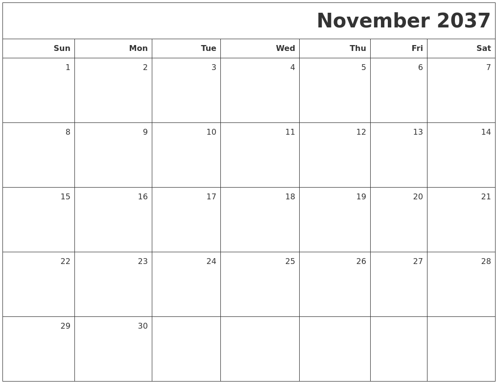 November 2037 Printable Blank Calendar