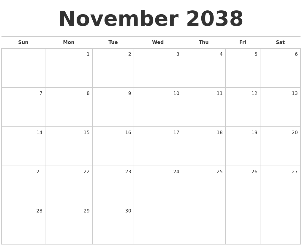 November 2038 Blank Monthly Calendar