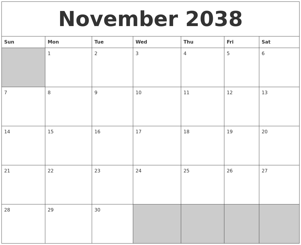 November 2038 Blank Printable Calendar