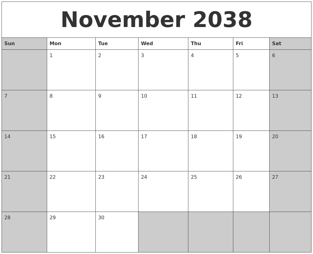 November 2038 Calanders