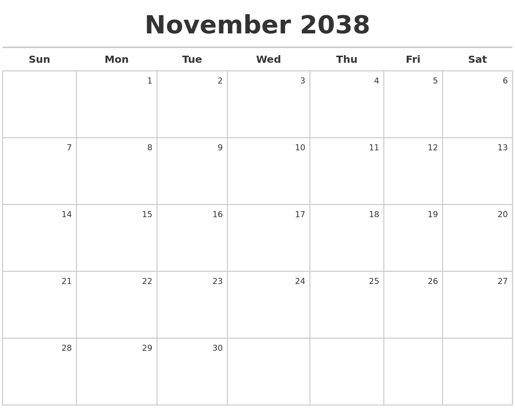 November 2038 Calendar Maker