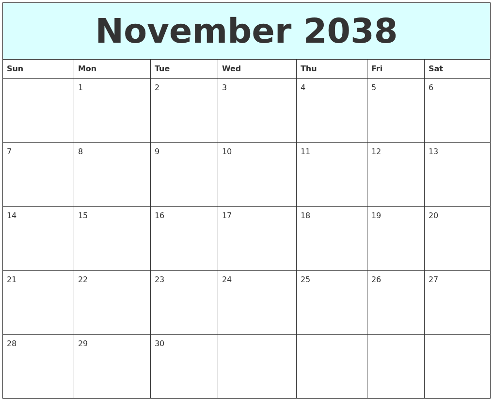 November 2038 Free Calendar