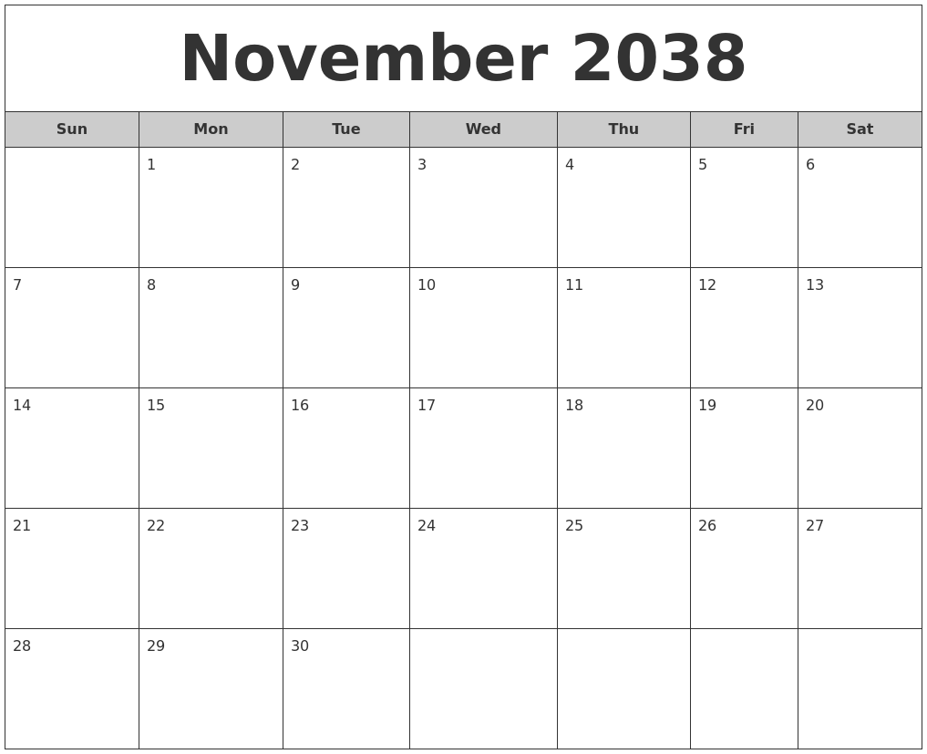 November 2038 Free Monthly Calendar