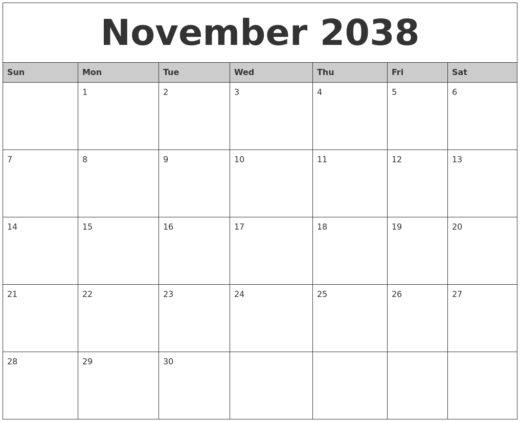 November 2038 Monthly Calendar Printable
