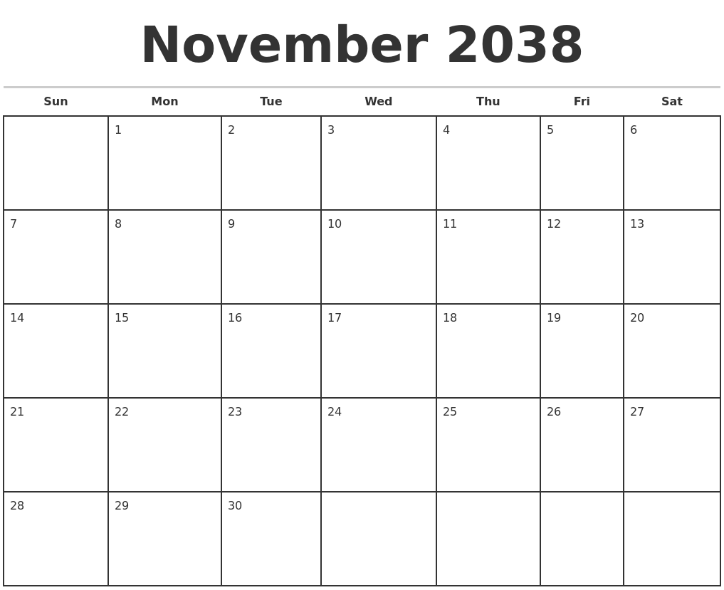 November 2038 Monthly Calendar Template