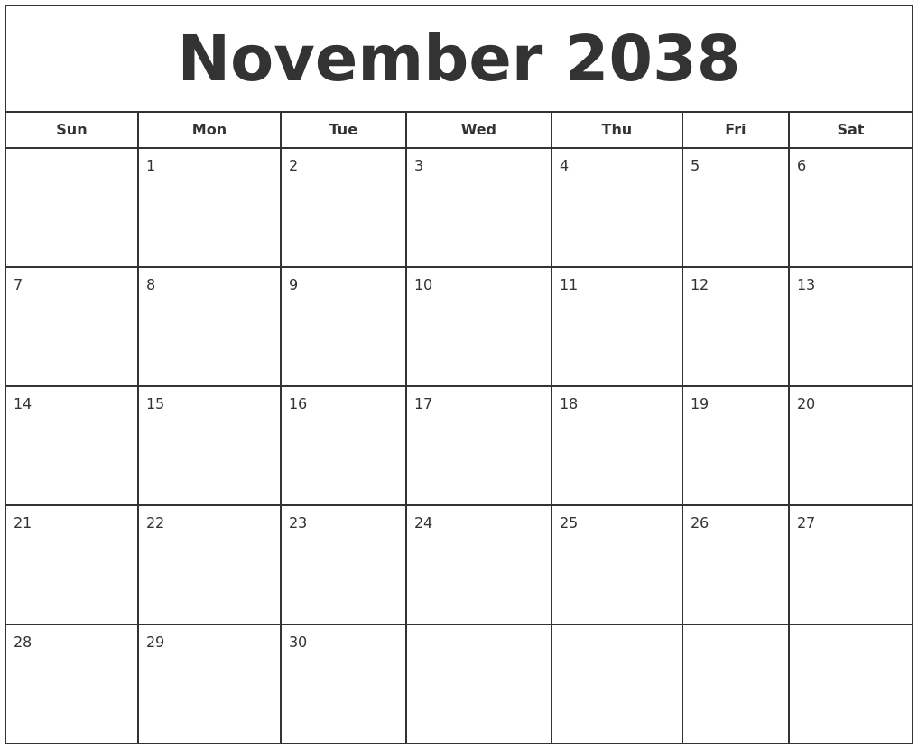 November 2038 Print Free Calendar