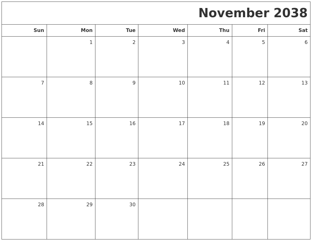 November 2038 Printable Blank Calendar