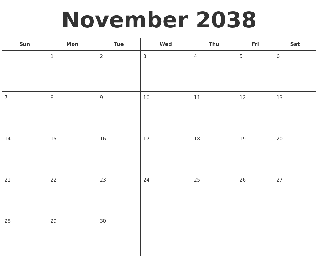 November 2038 Printable Calendar