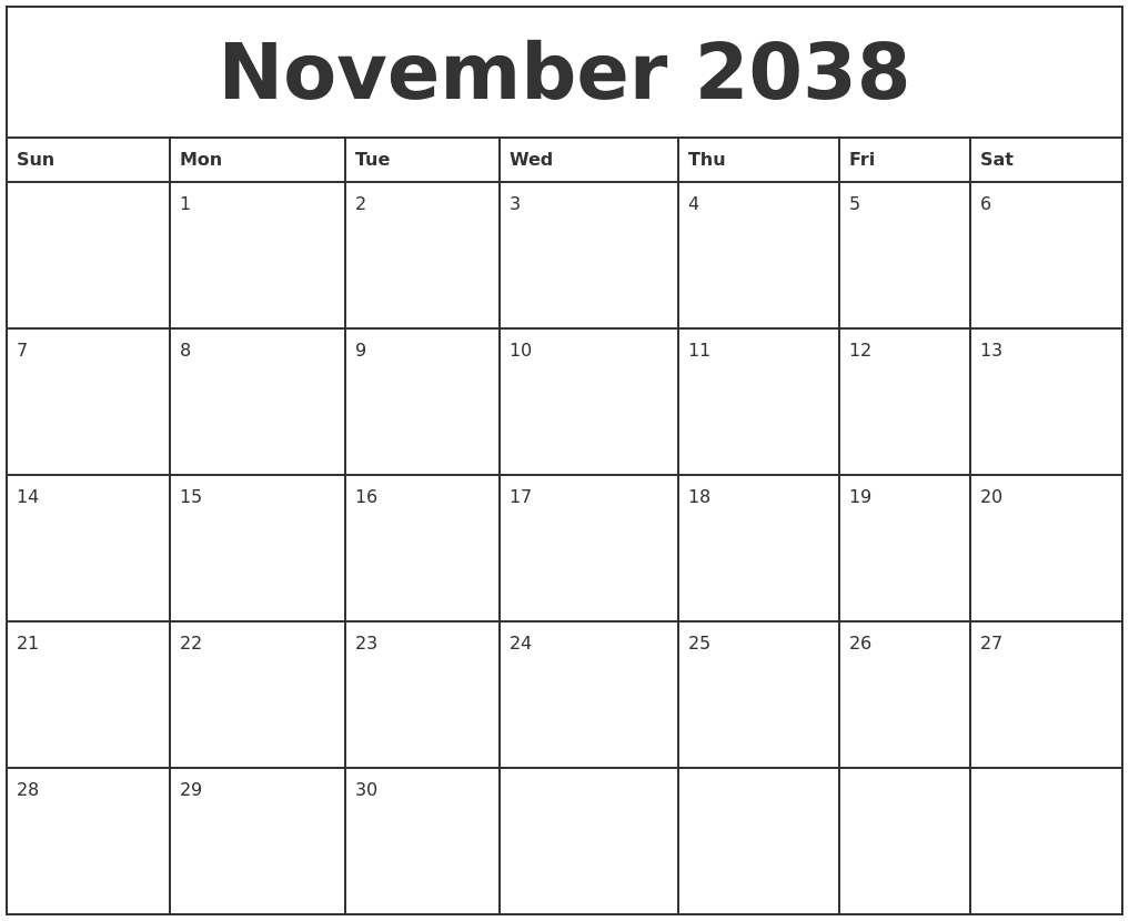 November 2038 Printable Monthly Calendar