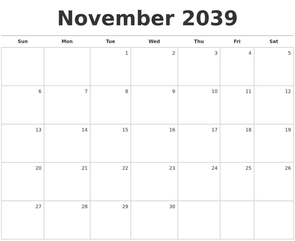 November 2039 Blank Monthly Calendar
