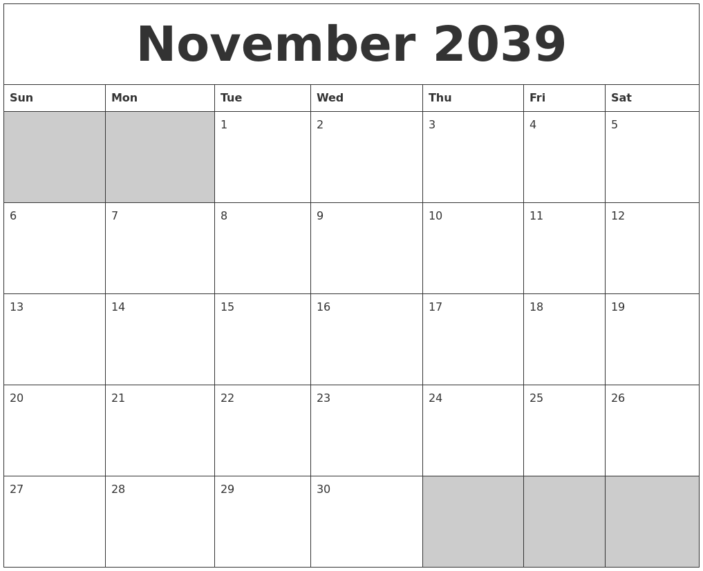 November 2039 Blank Printable Calendar