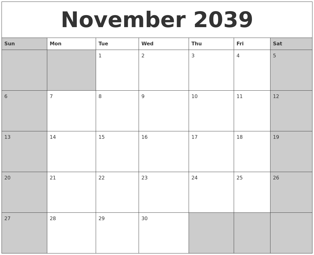 November 2039 Calanders