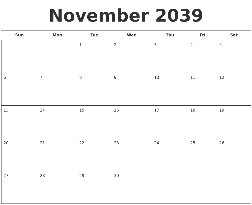 November 2039 Free Calendar Template