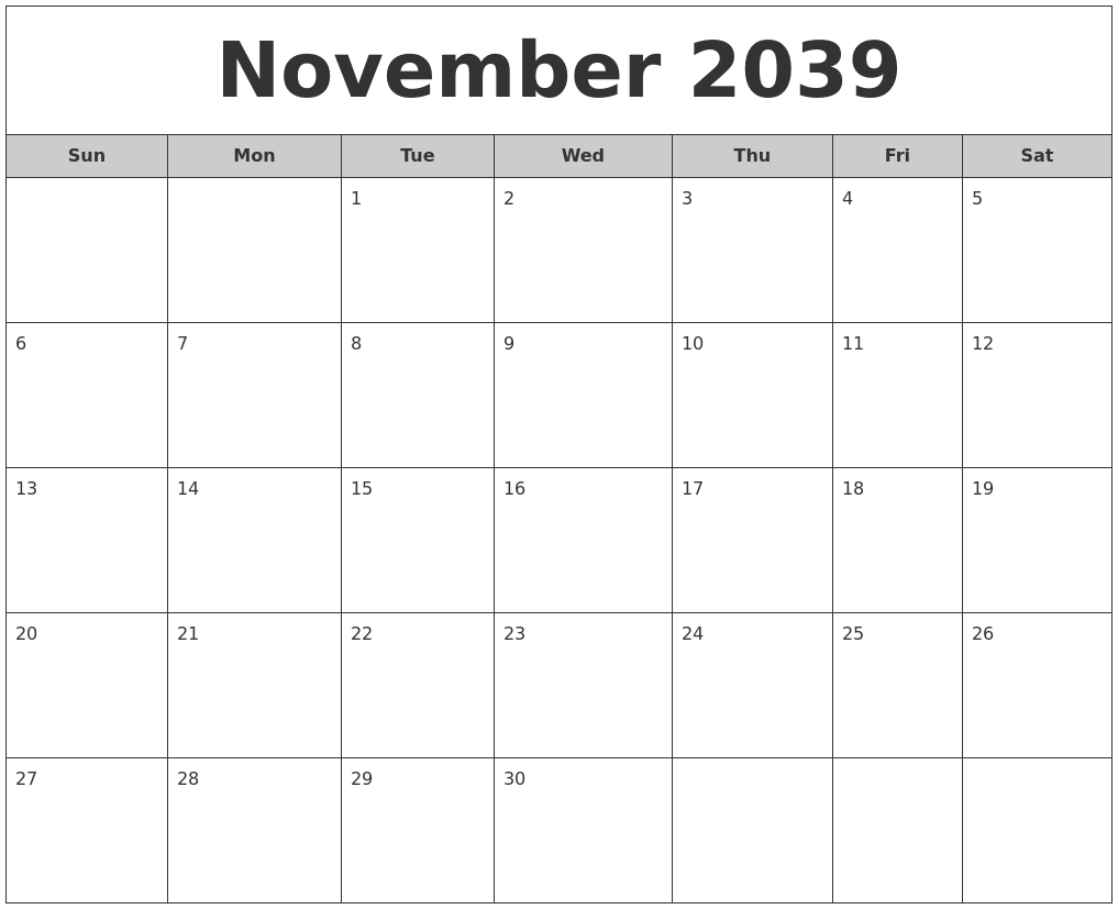 November 2039 Free Monthly Calendar