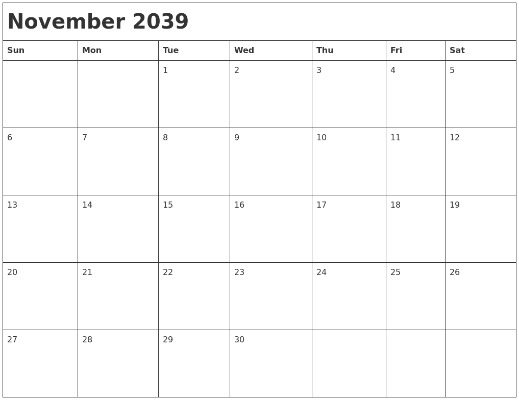 November 2039 Month Calendar