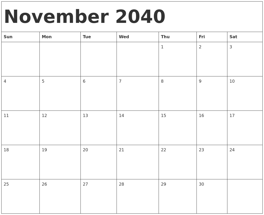 November 2040 Calendar Template