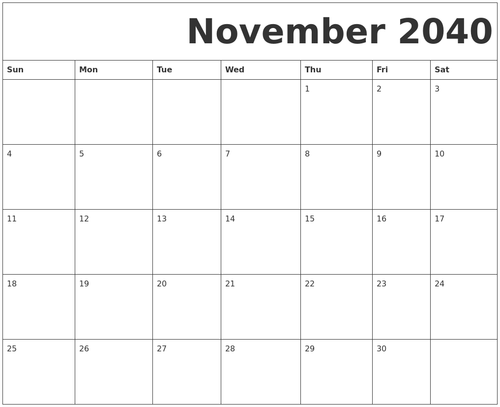 November 2040 Free Printable Calendar