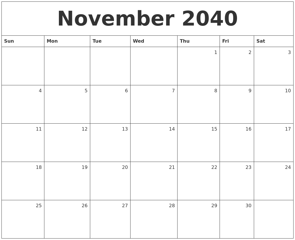 November 2040 Monthly Calendar