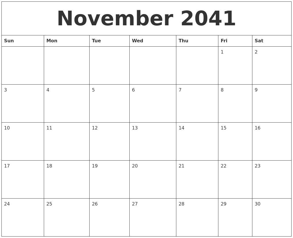 November 2041 Blank Calendar Printable