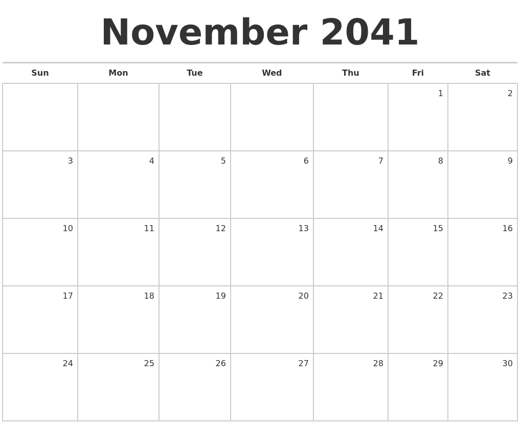 November 2041 Blank Monthly Calendar