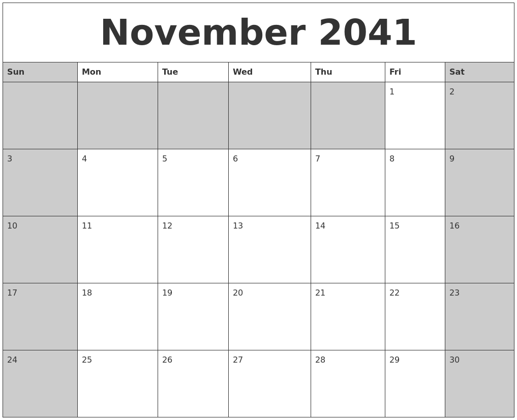 November 2041 Calanders