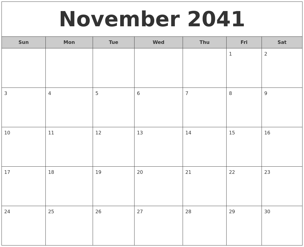 November 2041 Free Monthly Calendar