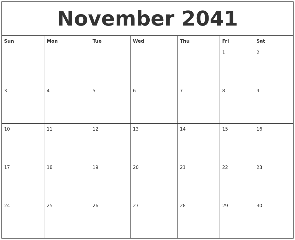 November 2041 Free Printable Weekly Calendar