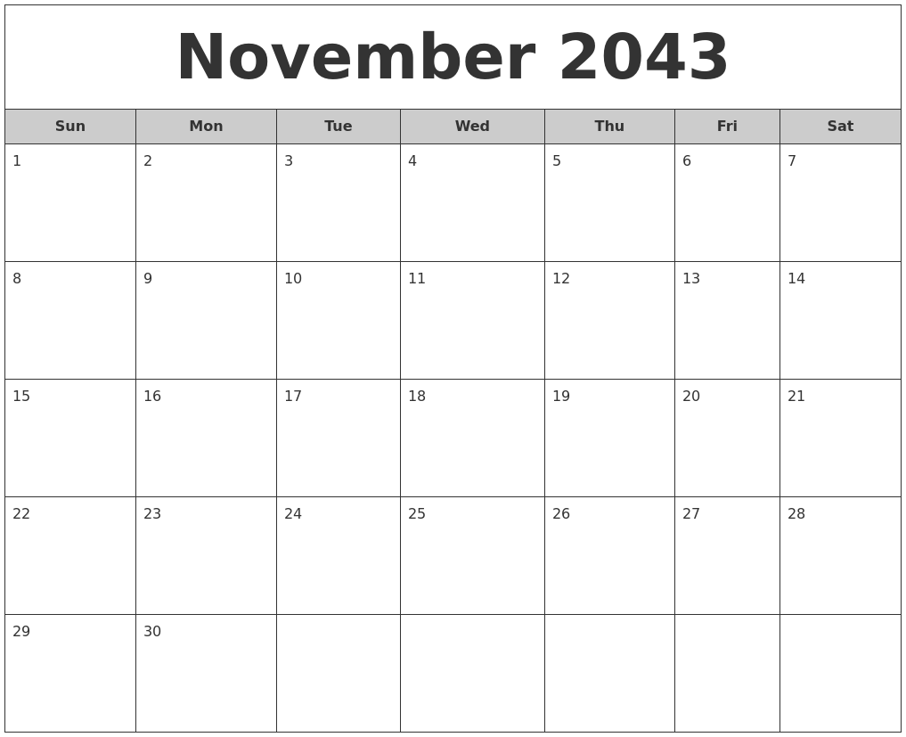 November 2043 Free Monthly Calendar