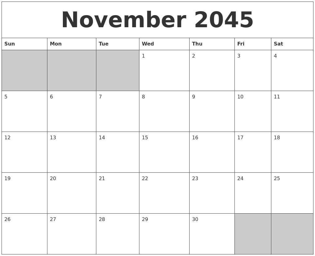November 2045 Blank Printable Calendar